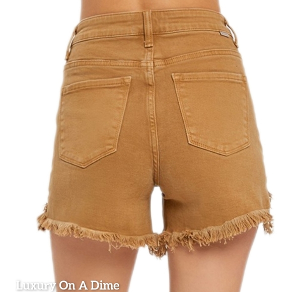 RISEN Cutoff High Rise Waist Distressed Moca Denim Frayed Mid-length Jean Shorts - Picture 4 of 16